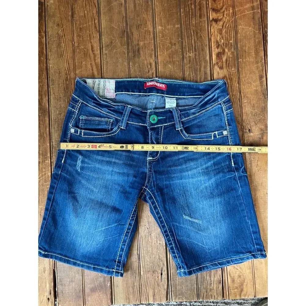 Y2K Denim shorts women’s Embroidered low rise long leg Dark Wash Union Bay